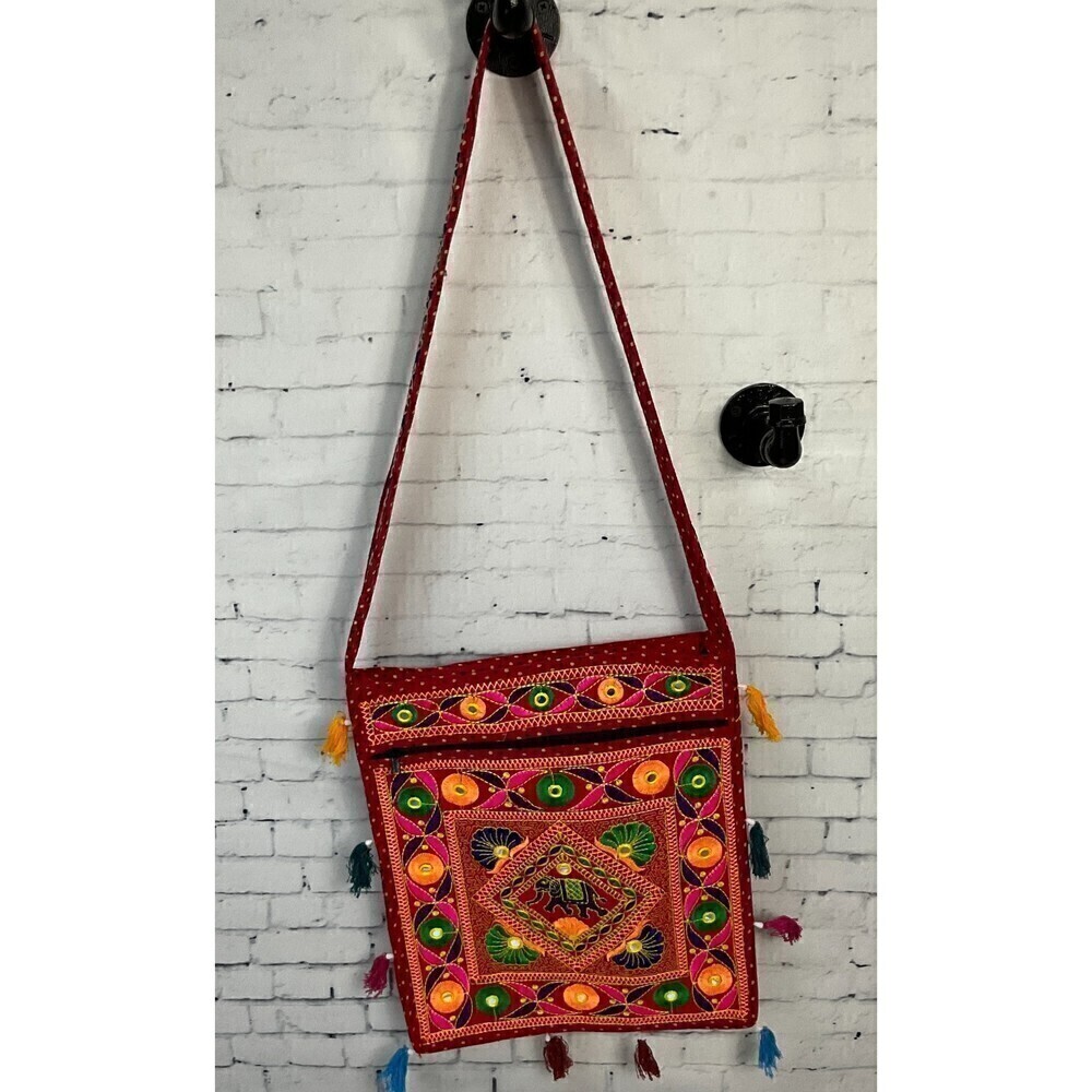 Red Embroidered Purse Hippie Patchwork Zipper Crossbody Bag